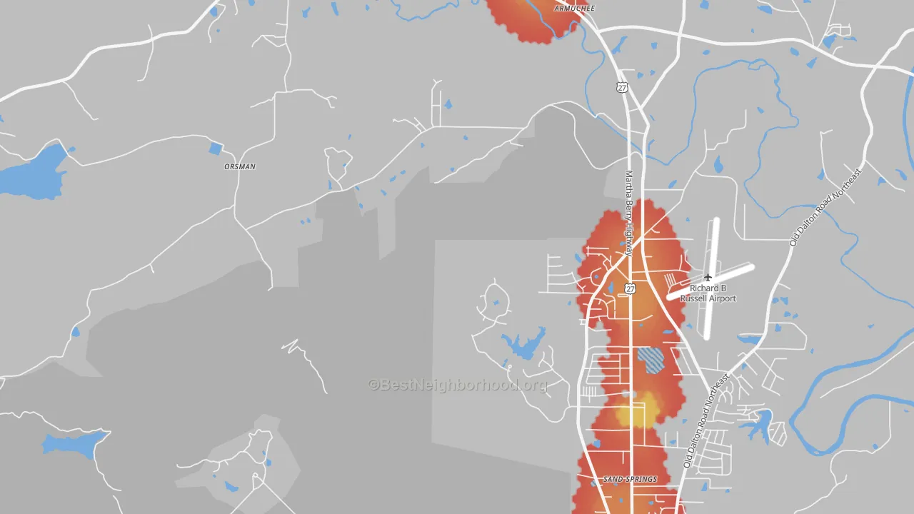 Walk Grade map of Coosa, GA, walkable areas in green and car-dependent areas in red