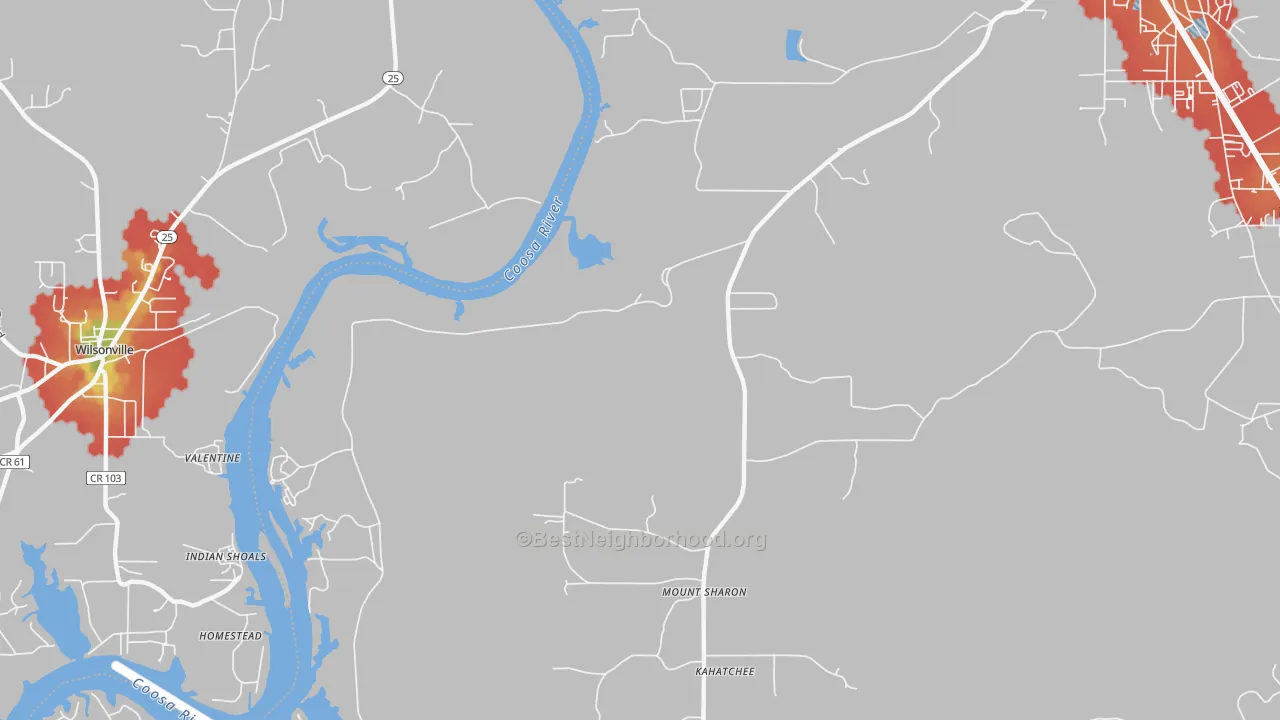 Walk Grade map of Coosa Pines, AL, walkable areas in green and car-dependent areas in red