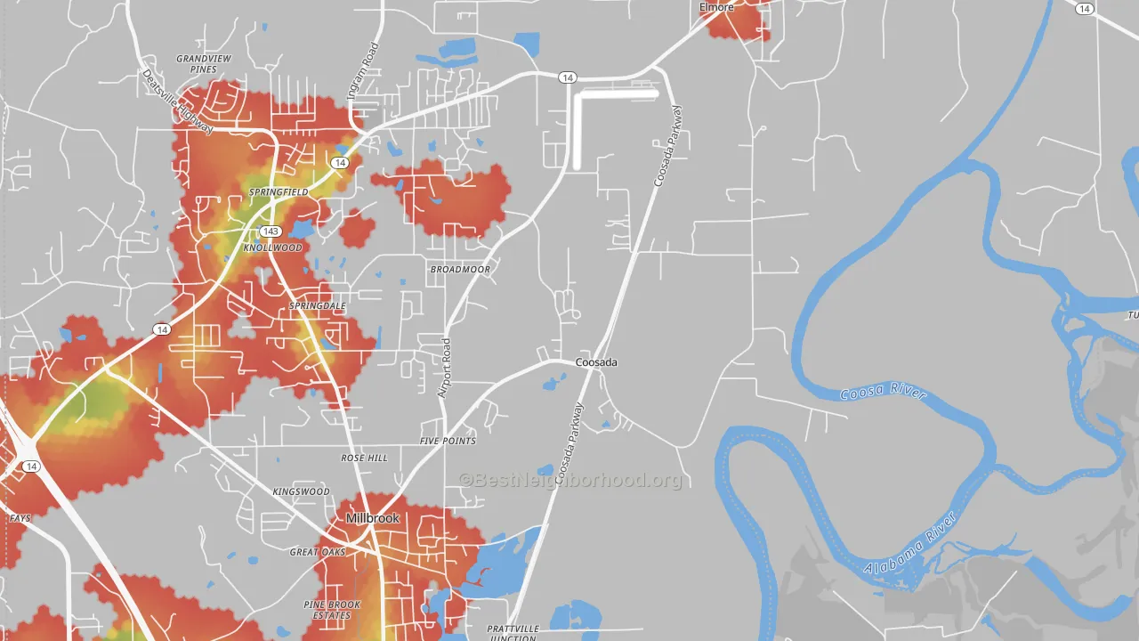Walk Grade map of Coosada, AL, walkable areas in green and car-dependent areas in red