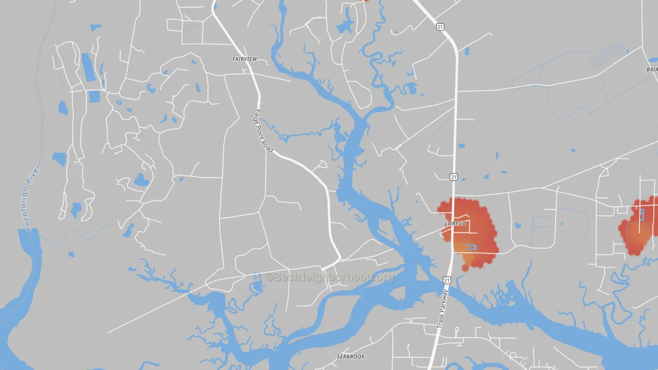Walk Grade map of Coosaw, SC, walkable areas in green and car-dependent areas in red