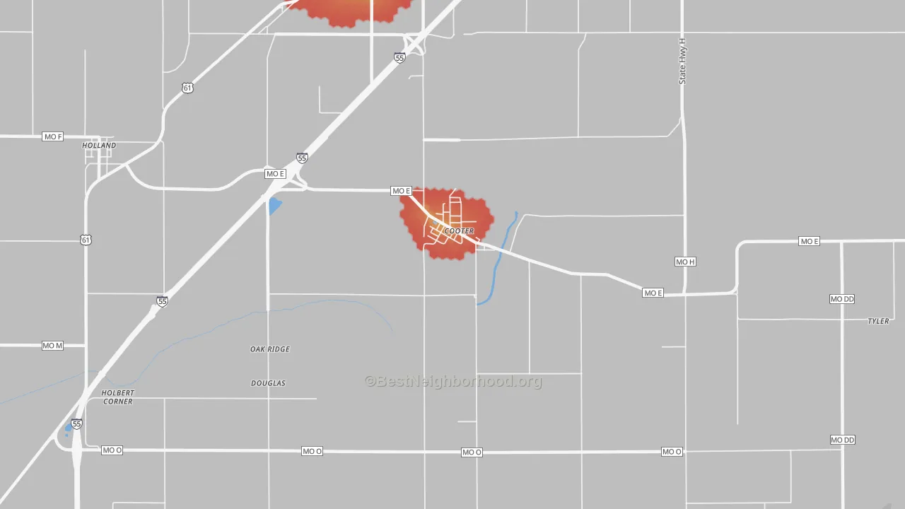 Walk Grade map of Cooter, MO, walkable areas in green and car-dependent areas in red