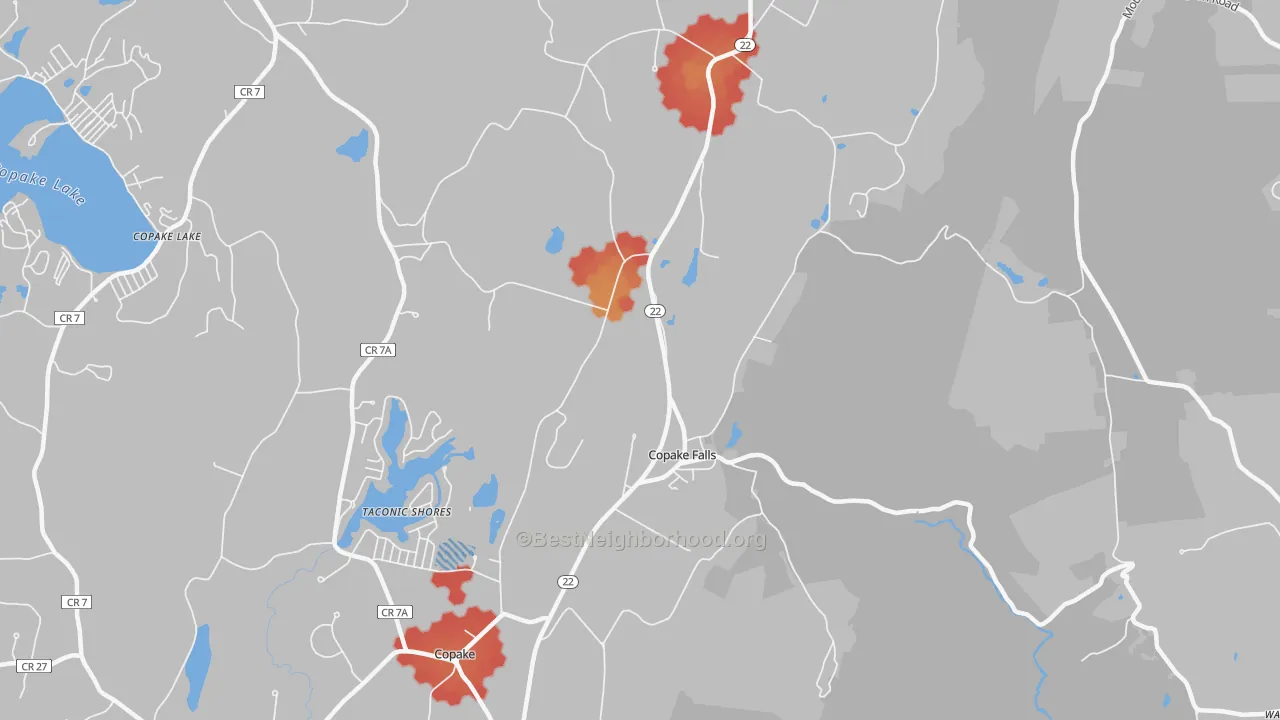 Walk Grade map of Copake Falls, NY, walkable areas in green and car-dependent areas in red
