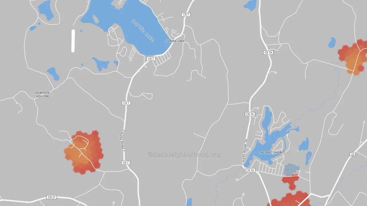 Walk Grade map of Copake Lake, NY, walkable areas in green and car-dependent areas in red