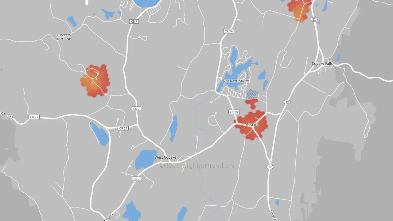 Walk Grade map of Copake, NY, walkable areas in green and car-dependent areas in red