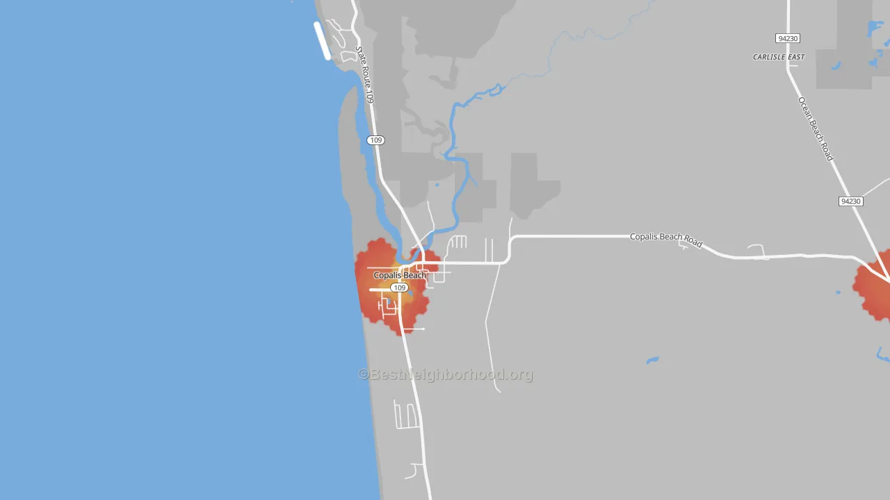 Walk Grade map of Copalis Beach, WA, walkable areas in green and car-dependent areas in red
