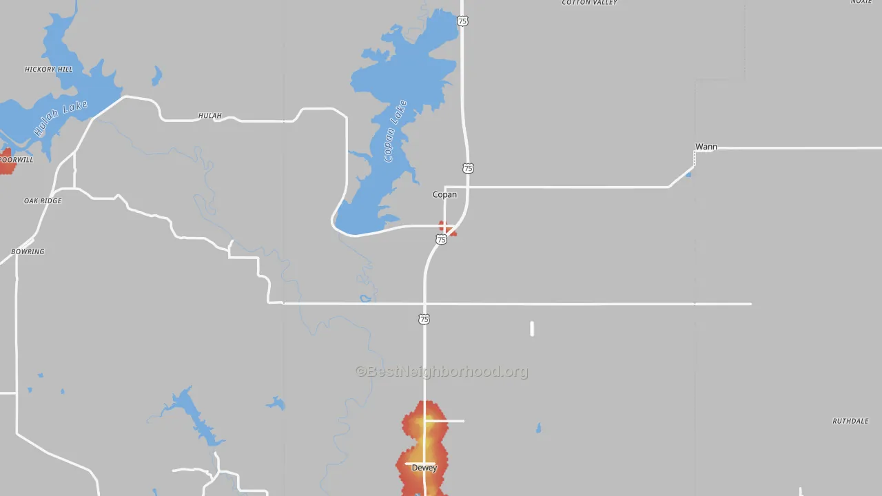 Walk Grade map of Copan, OK, walkable areas in green and car-dependent areas in red