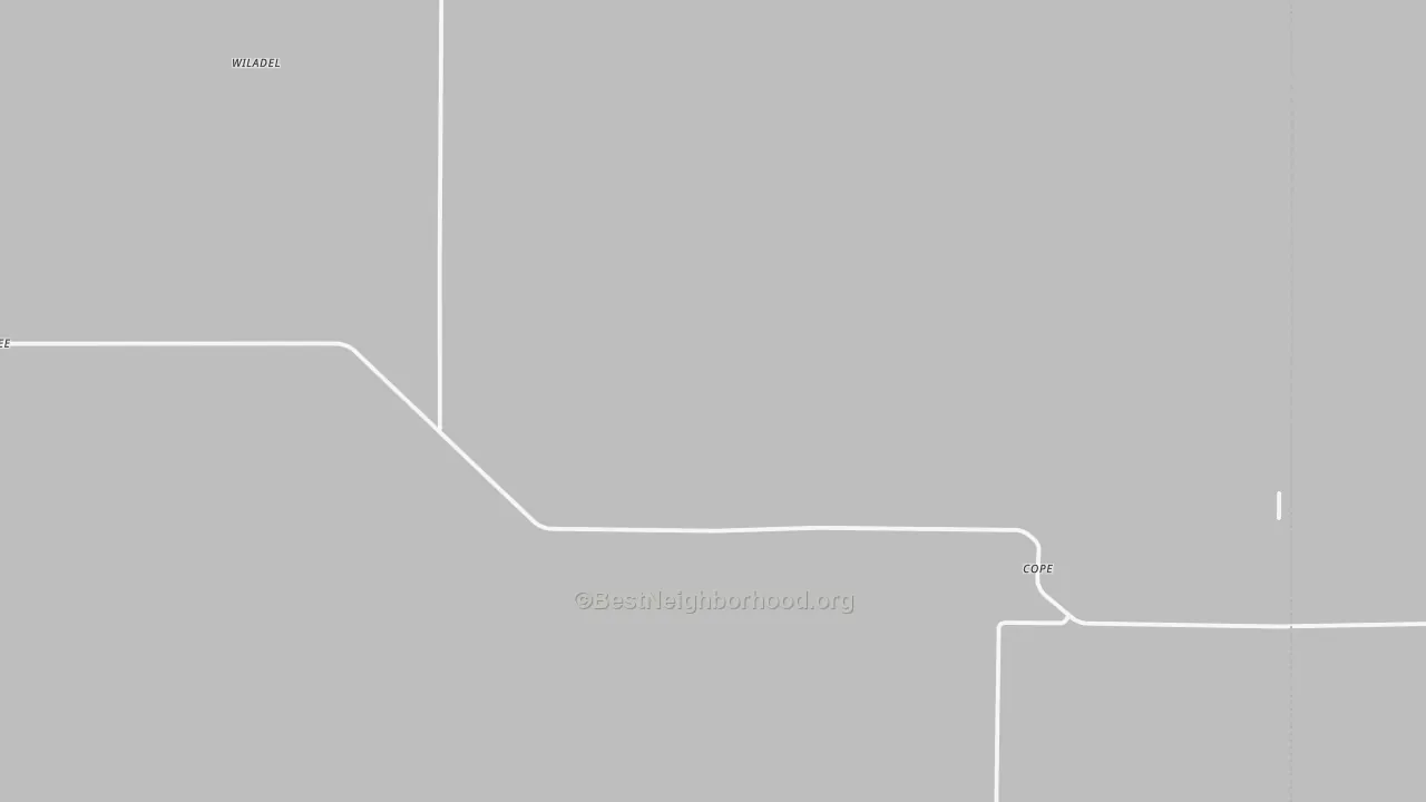Walk Grade map of Cope, CO, walkable areas in green and car-dependent areas in red