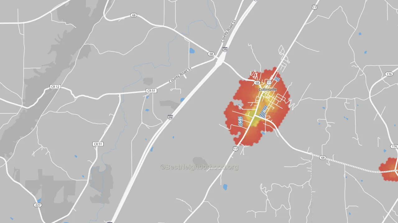 Walk Grade map of Copeland Bridge, AL, walkable areas in green and car-dependent areas in red