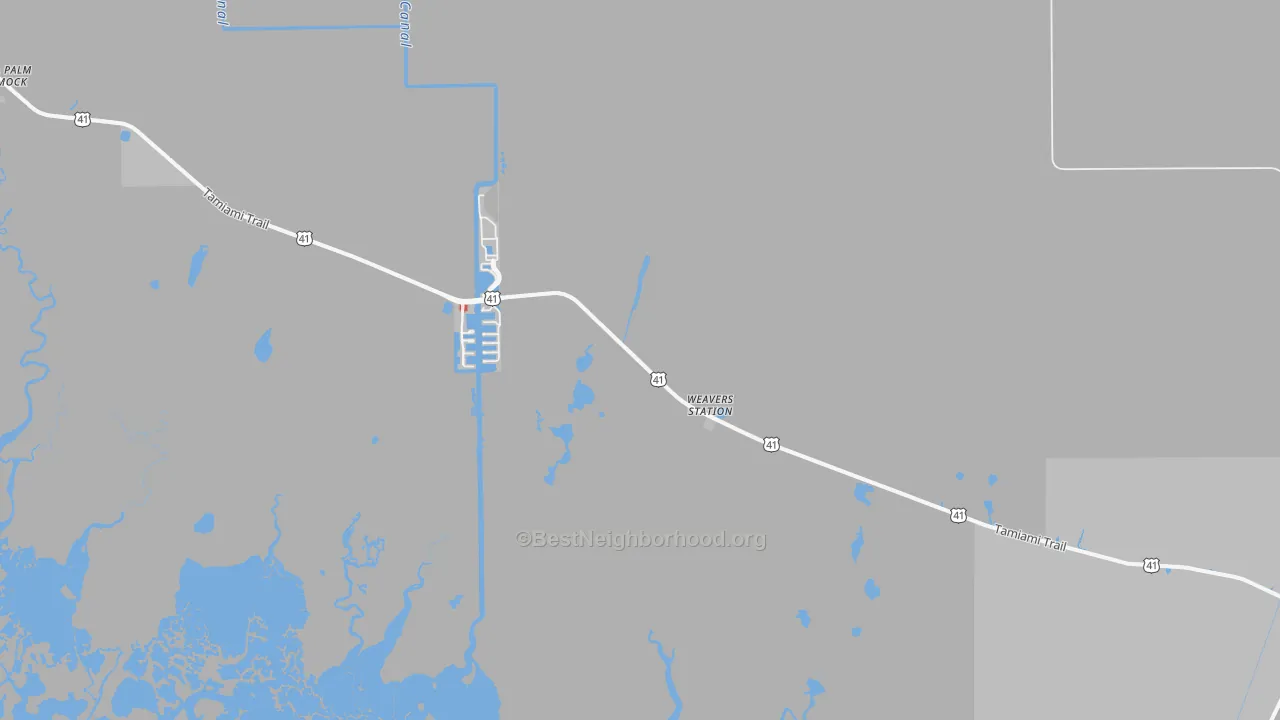 Walk Grade map of Copeland, FL, walkable areas in green and car-dependent areas in red
