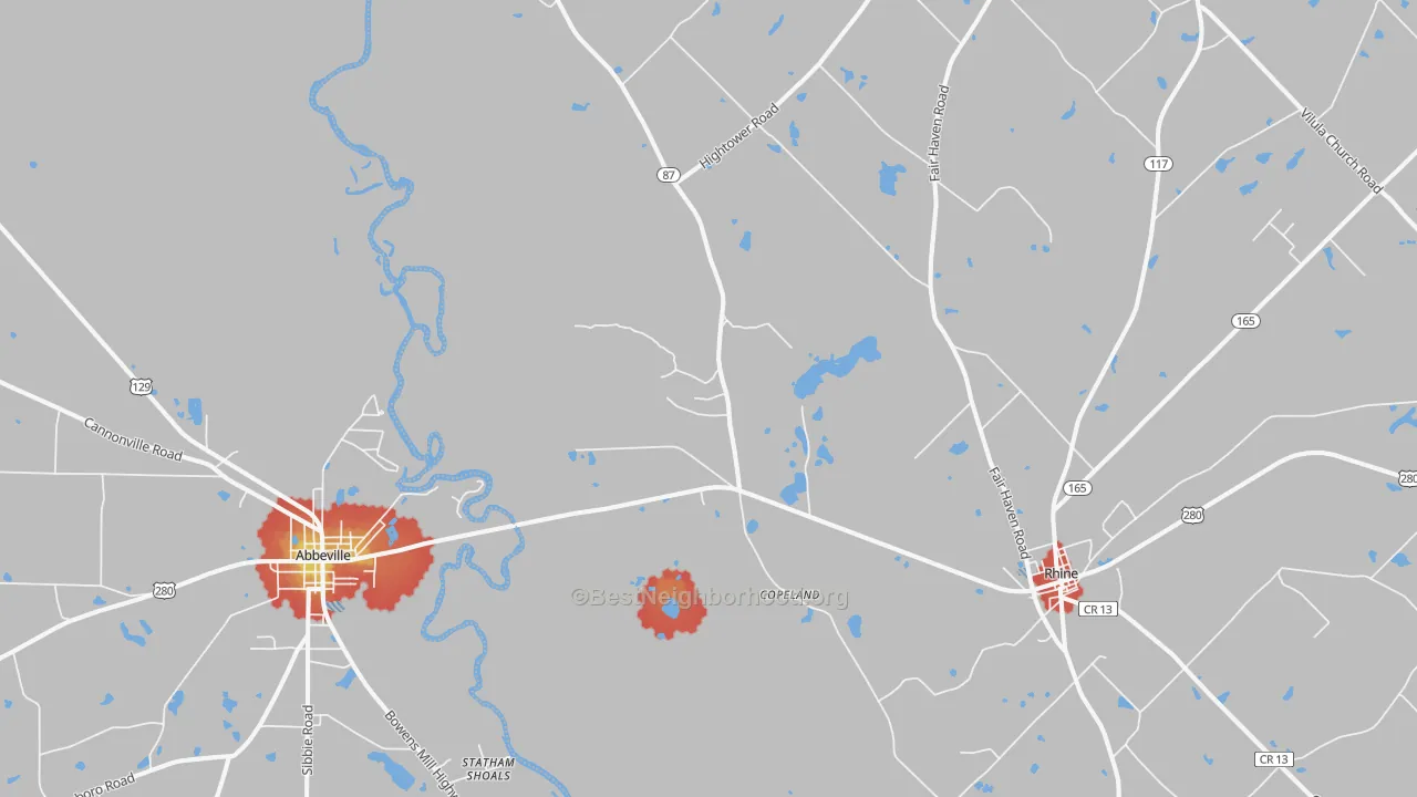Walk Grade map of Copeland, GA, walkable areas in green and car-dependent areas in red