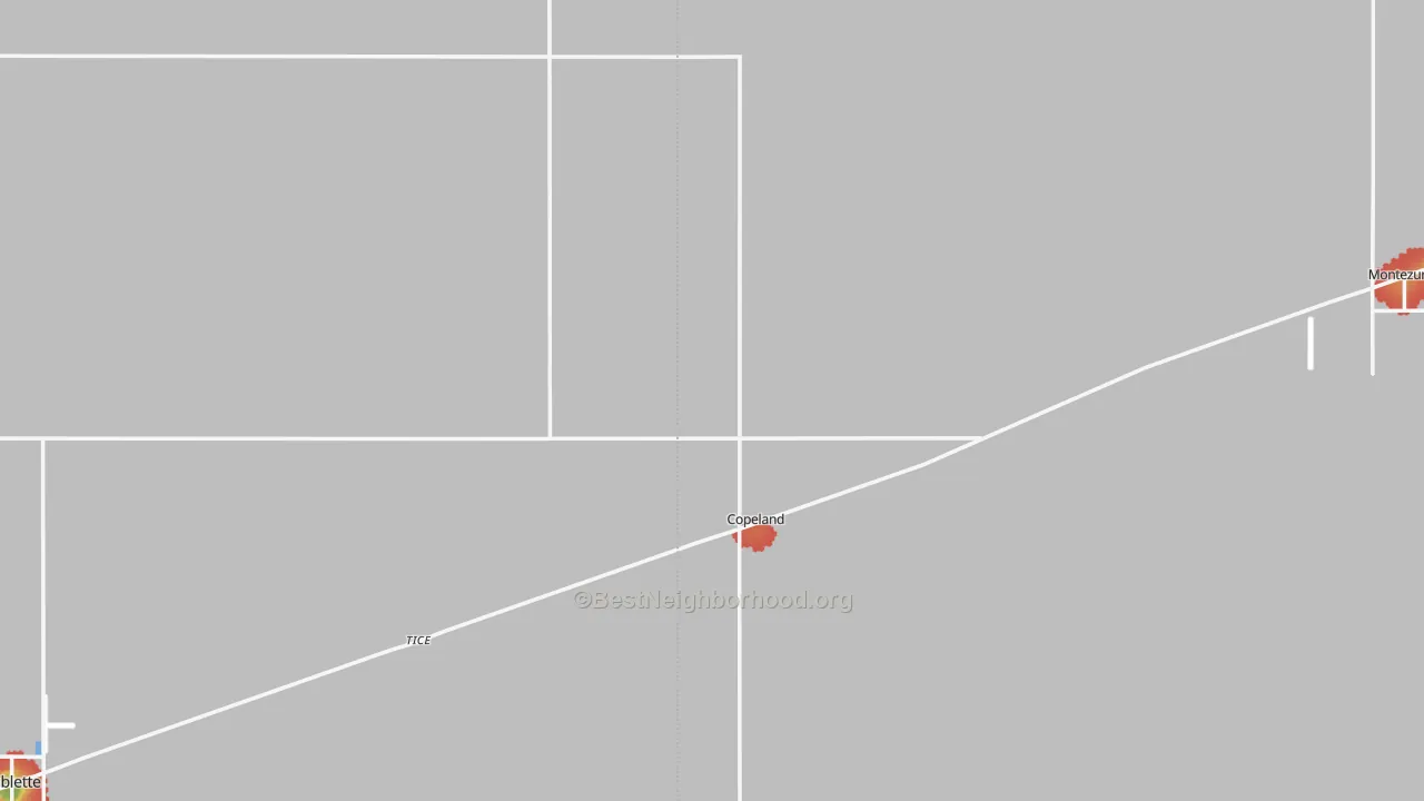Walk Grade map of Copeland, KS, walkable areas in green and car-dependent areas in red