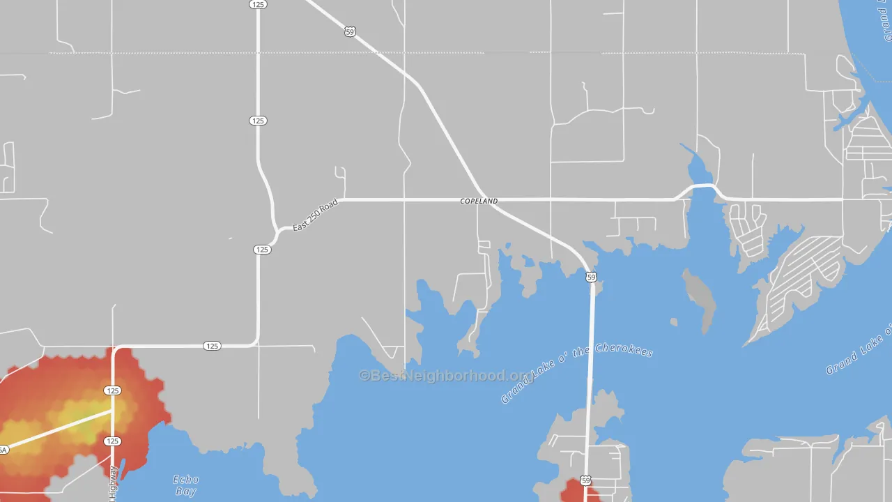 Walk Grade map of Copeland, OK, walkable areas in green and car-dependent areas in red
