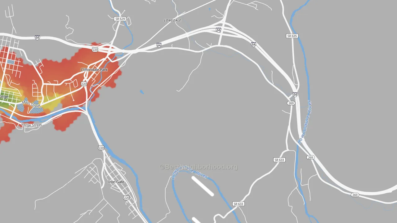 Walk Grade map of Copeland, VA, walkable areas in green and car-dependent areas in red