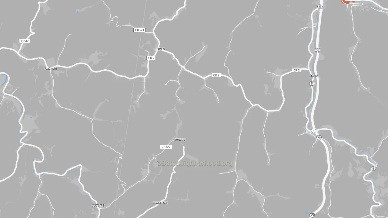 Walk Grade map of Copen, WV, walkable areas in green and car-dependent areas in red