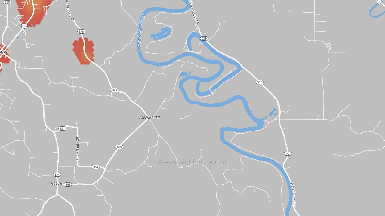 Walk Grade map of Copenhagen, LA, walkable areas in green and car-dependent areas in red
