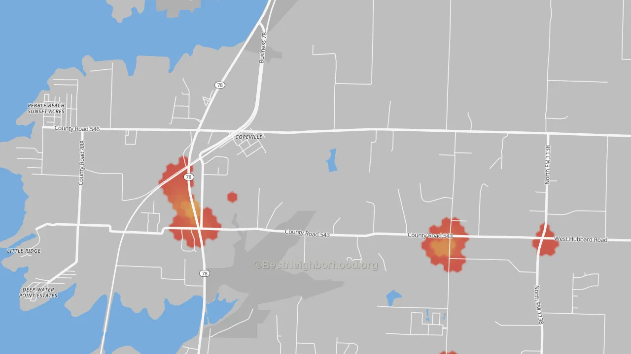 Walk Grade map of Copeville, TX, walkable areas in green and car-dependent areas in red
