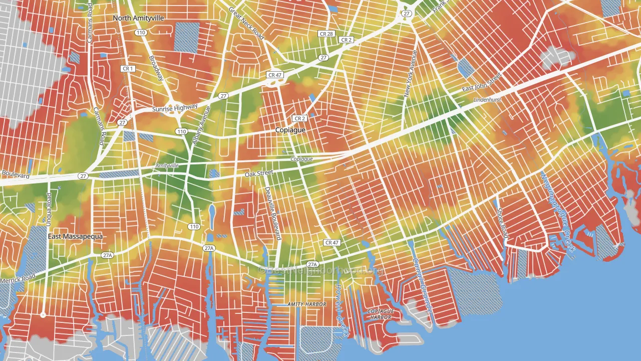 Walk Grade map of Copiague, NY, walkable areas in green and car-dependent areas in red