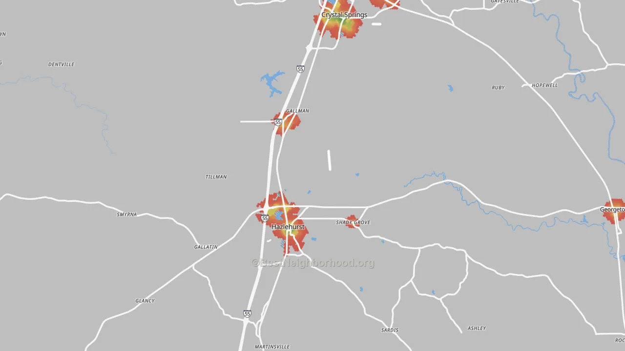 Walk Grade map of Copiah County, MS, walkable areas in green and car-dependent areas in red