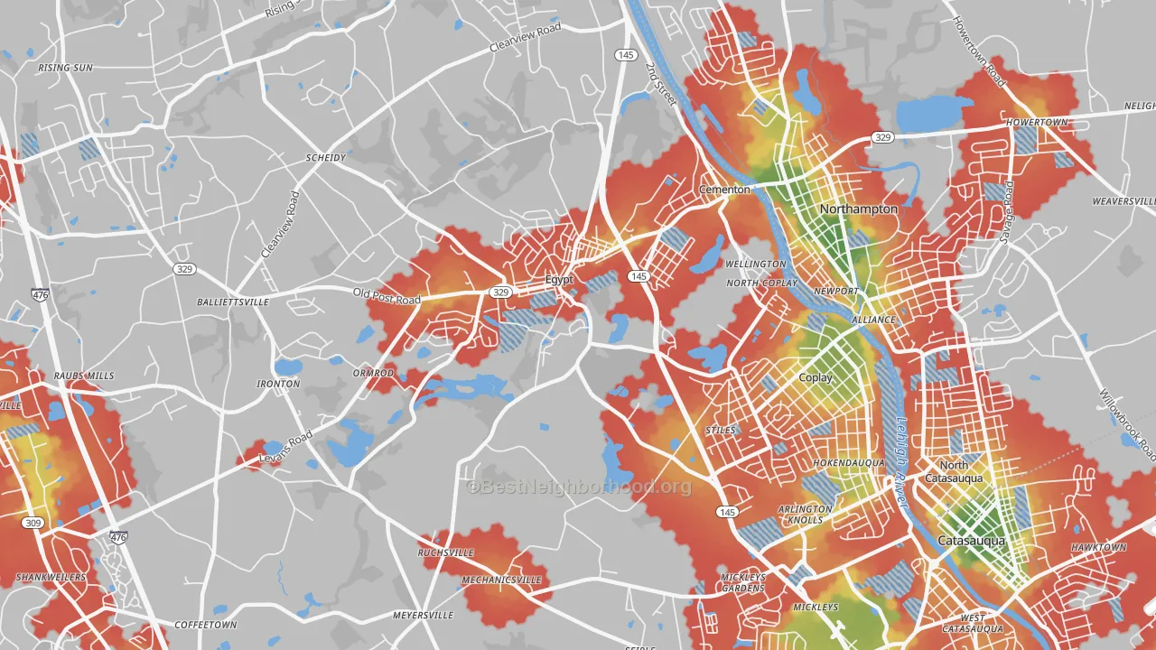 Walk Grade map of Coplay, PA, walkable areas in green and car-dependent areas in red