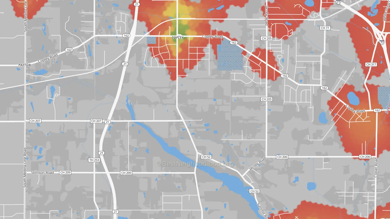 Walk Grade map of Copley, OH, walkable areas in green and car-dependent areas in red