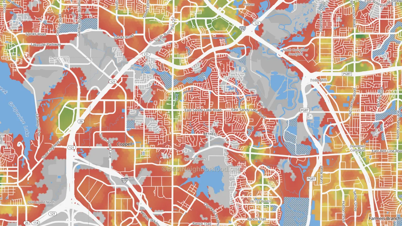 Walk Grade map of Coppell, TX, walkable areas in green and car-dependent areas in red