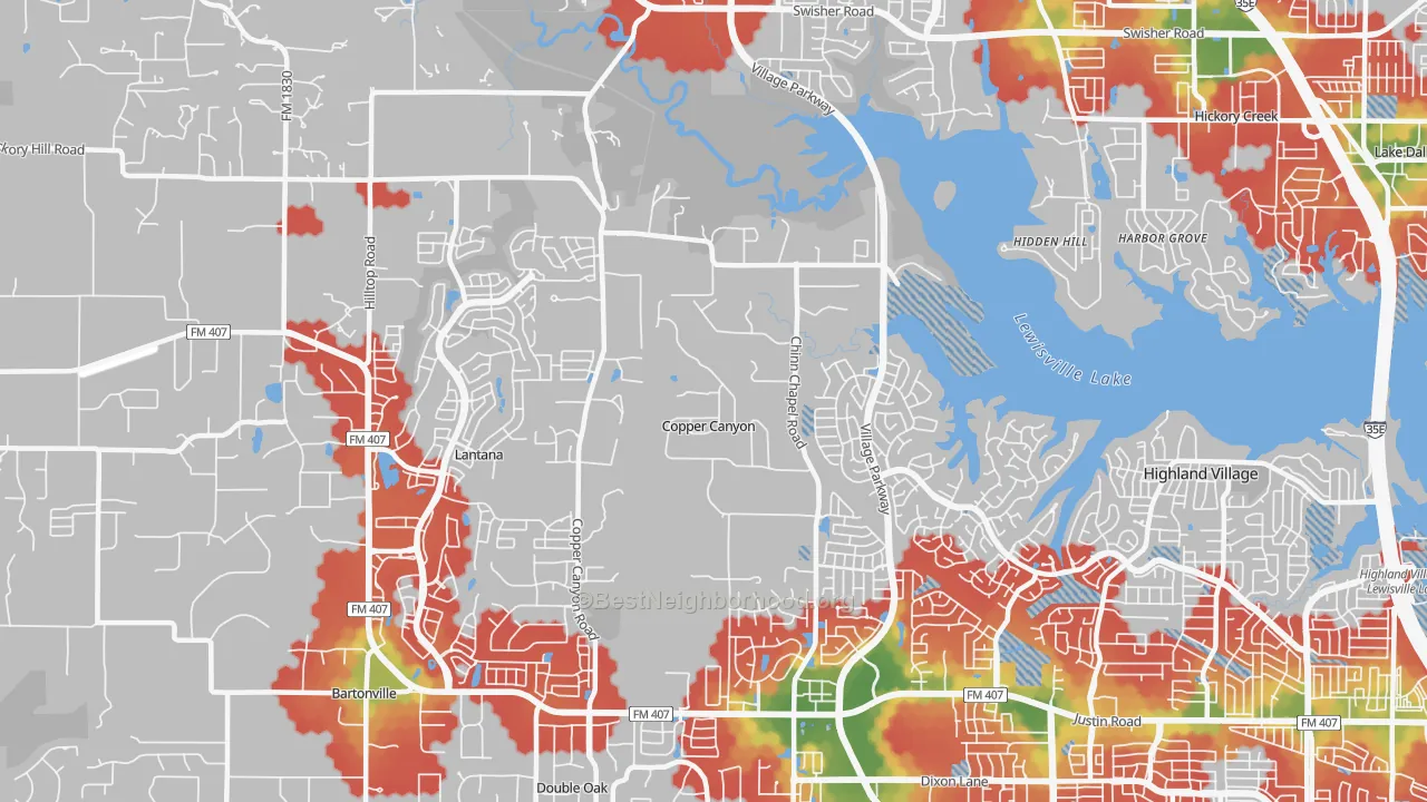 Walk Grade map of Copper Canyon, TX, walkable areas in green and car-dependent areas in red