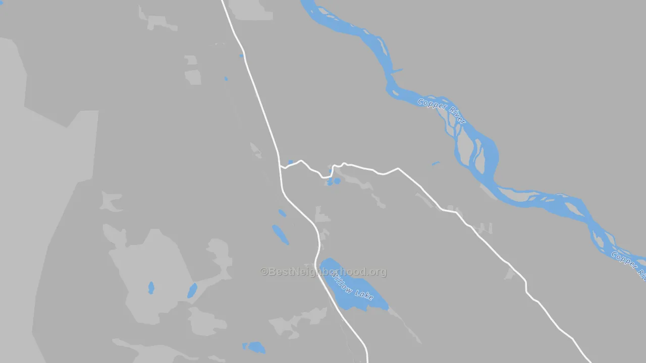 Walk Grade map of Copper Center, AK, walkable areas in green and car-dependent areas in red