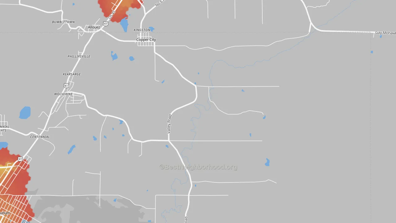 Walk Grade map of Copper City, MI, walkable areas in green and car-dependent areas in red