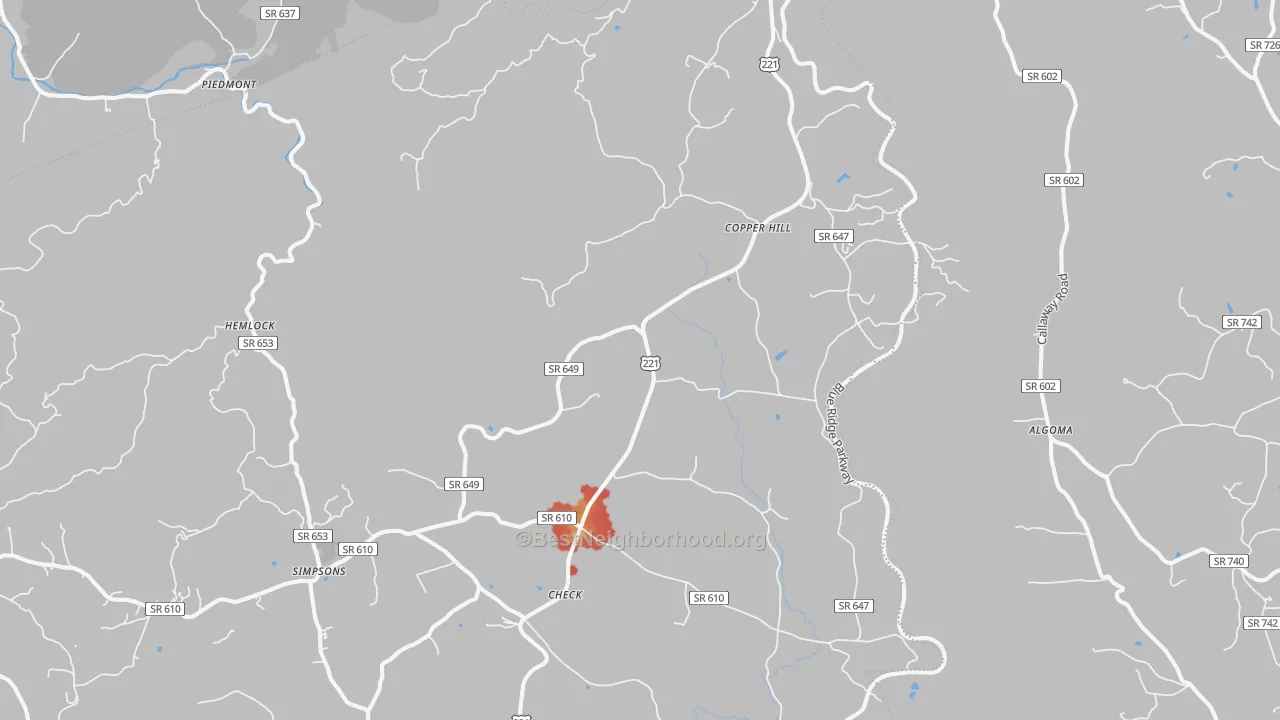 Walk Grade map of Copper Hill, VA, walkable areas in green and car-dependent areas in red