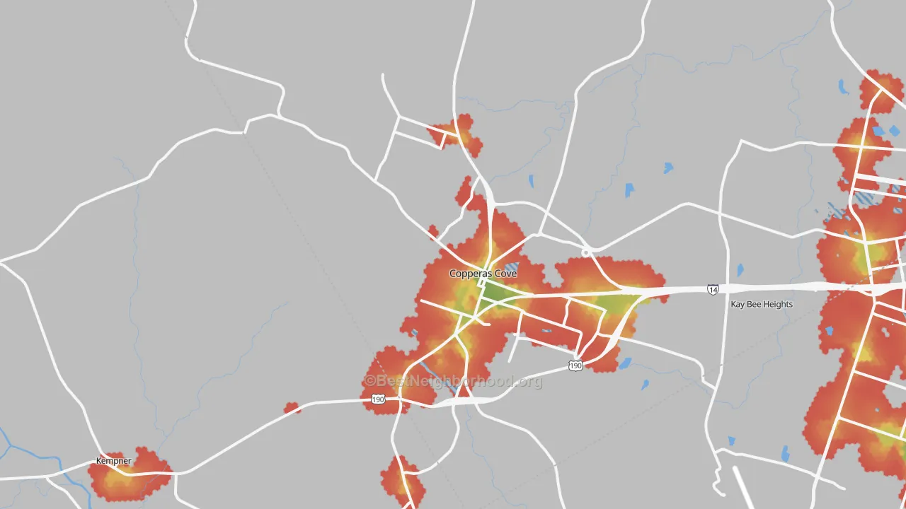 Walk Grade map of Copperas Cove, TX, walkable areas in green and car-dependent areas in red