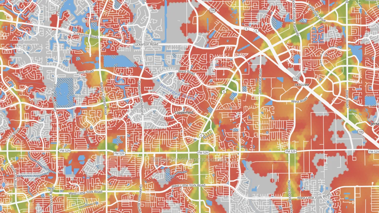 Walk Grade map of Copperfield, Houston, TX, walkable areas in green and car-dependent areas in red