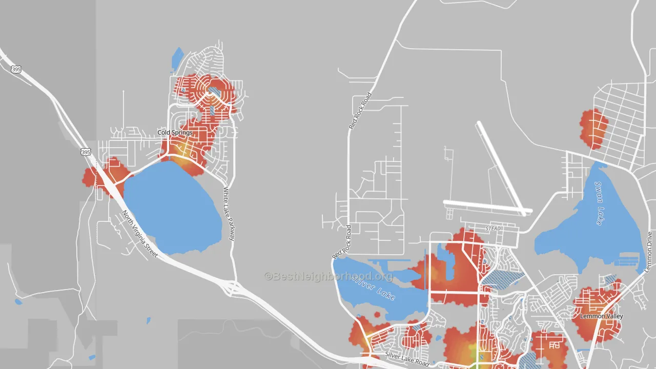 Walk Grade map of Copperfield, NV, walkable areas in green and car-dependent areas in red