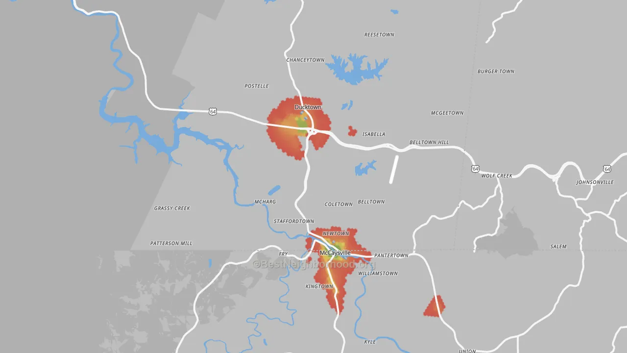 Walk Grade map of Copperhill, TN, walkable areas in green and car-dependent areas in red