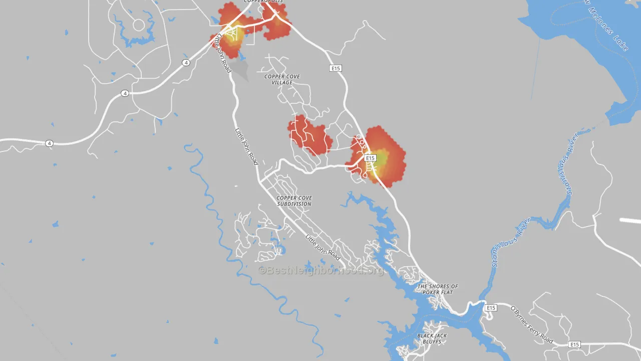 Walk Grade map of Copperopolis, CA, walkable areas in green and car-dependent areas in red