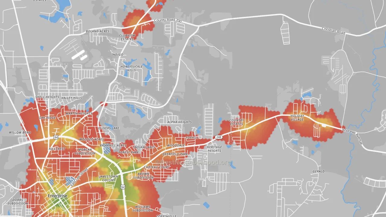 Walk Grade map of Coppinville, AL, walkable areas in green and car-dependent areas in red