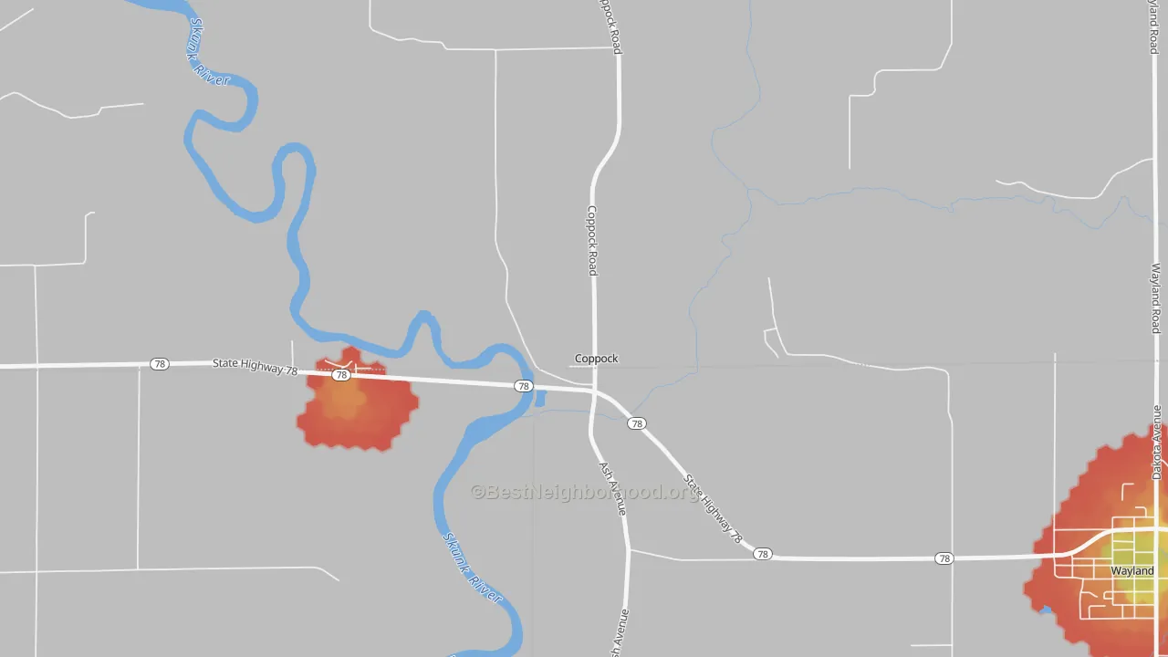 Walk Grade map of Coppock, IA, walkable areas in green and car-dependent areas in red