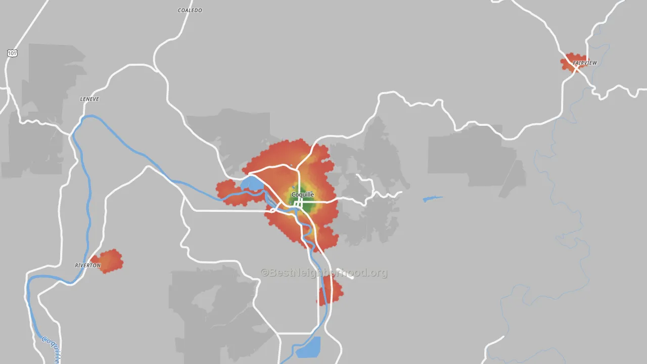 Walk Grade map of Coquille, OR, walkable areas in green and car-dependent areas in red
