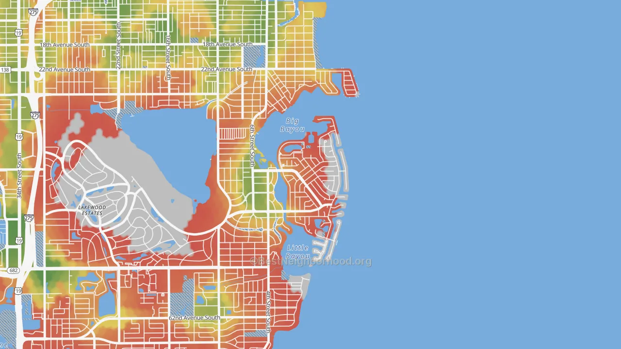 Walk Grade map of Coquina Key, St. Petersburg, FL, walkable areas in green and car-dependent areas in red