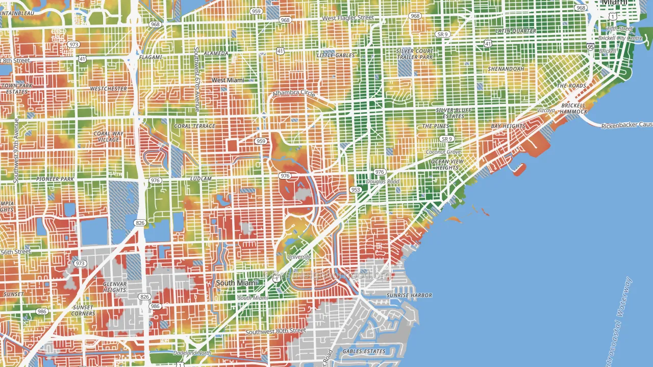 Walk Grade map of Coral Gables, FL, walkable areas in green and car-dependent areas in red
