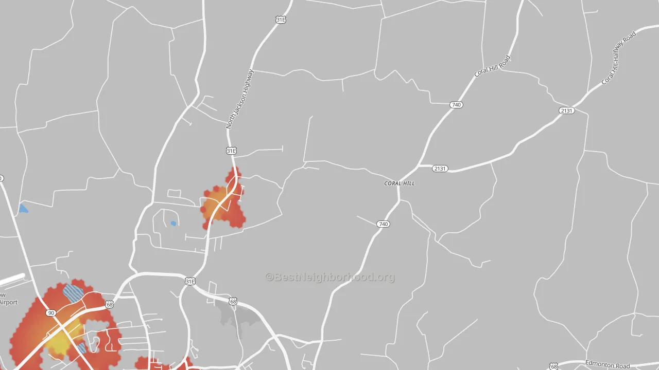 Walk Grade map of Coral Hill, KY, walkable areas in green and car-dependent areas in red
