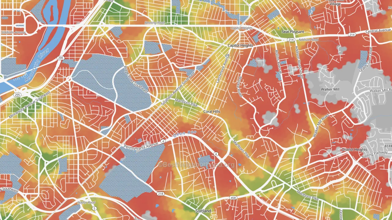 Walk Grade map of Coral Hills, MD, walkable areas in green and car-dependent areas in red