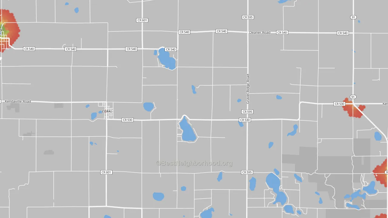 Walk Grade map of Coral, MI, walkable areas in green and car-dependent areas in red