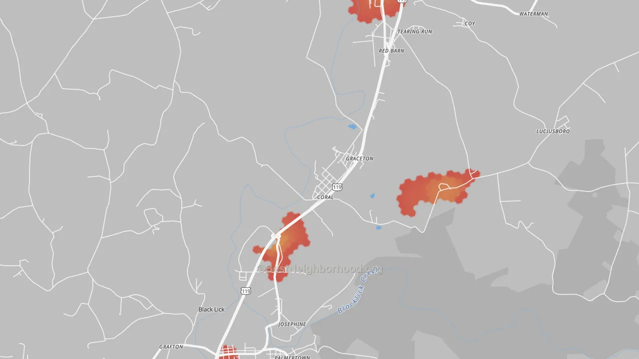 Walk Grade map of Coral, PA, walkable areas in green and car-dependent areas in red