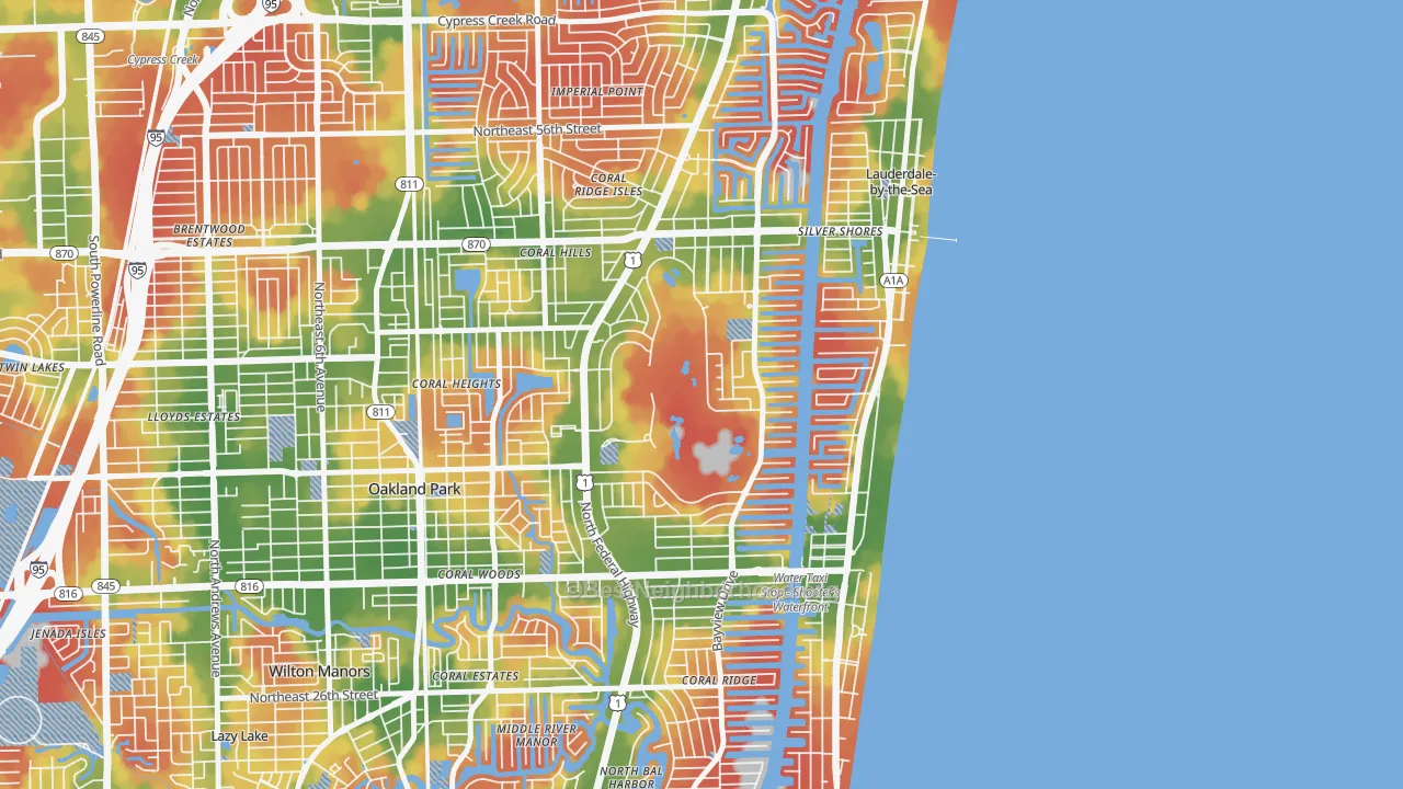 Walk Grade map of Coral Ridge Country Club Estates, Fort Lauderdale, FL, walkable areas in green and car-dependent areas in red