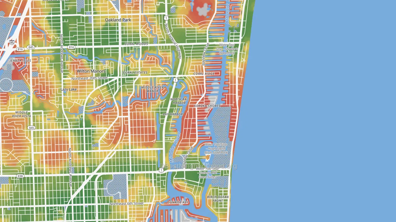 Walk Grade map of Coral Ridge, Fort Lauderdale, FL, walkable areas in green and car-dependent areas in red