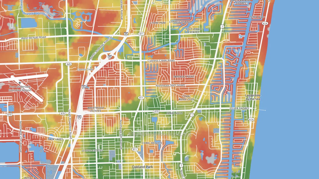 Walk Grade map of Coral Ridge Isles, Fort Lauderdale, FL, walkable areas in green and car-dependent areas in red