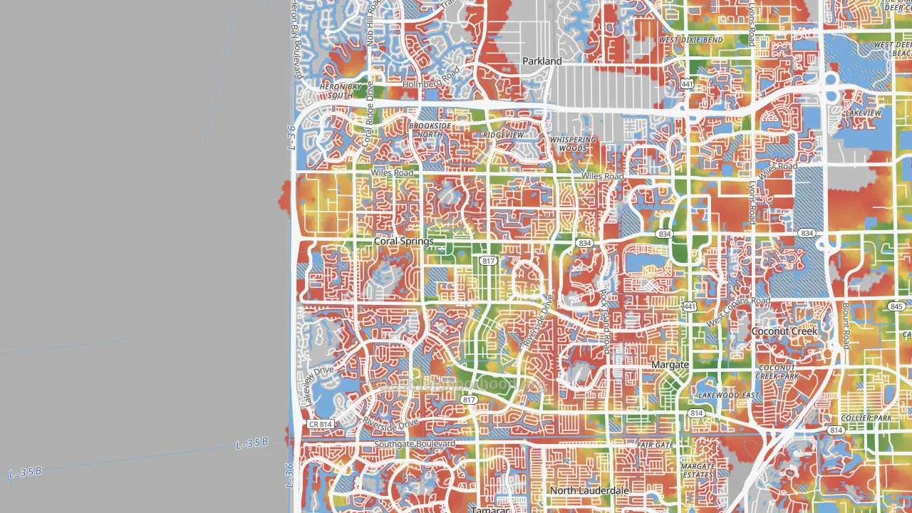 Walk Grade map of Coral Springs, FL, walkable areas in green and car-dependent areas in red