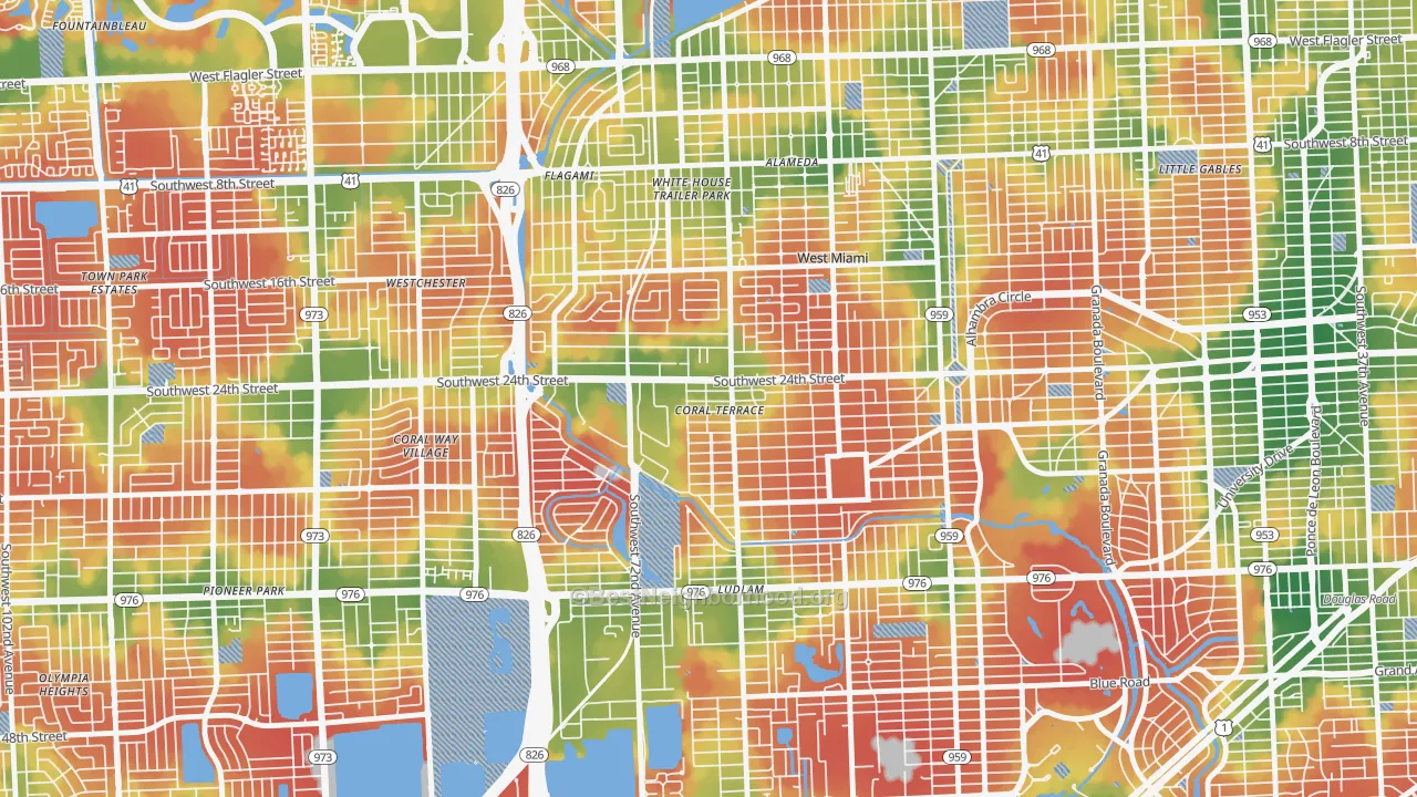 Walk Grade map of Coral Terrace, FL, walkable areas in green and car-dependent areas in red