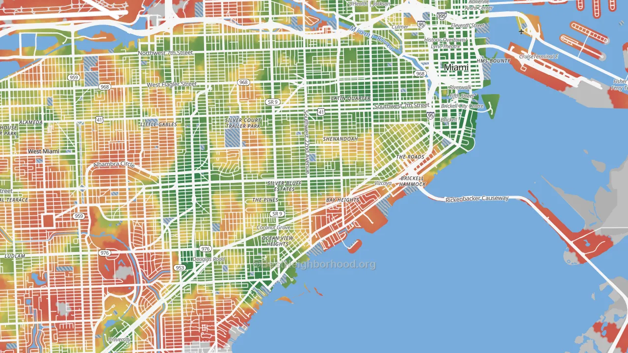 Walk Grade map of Coral Way, Miami, FL, walkable areas in green and car-dependent areas in red