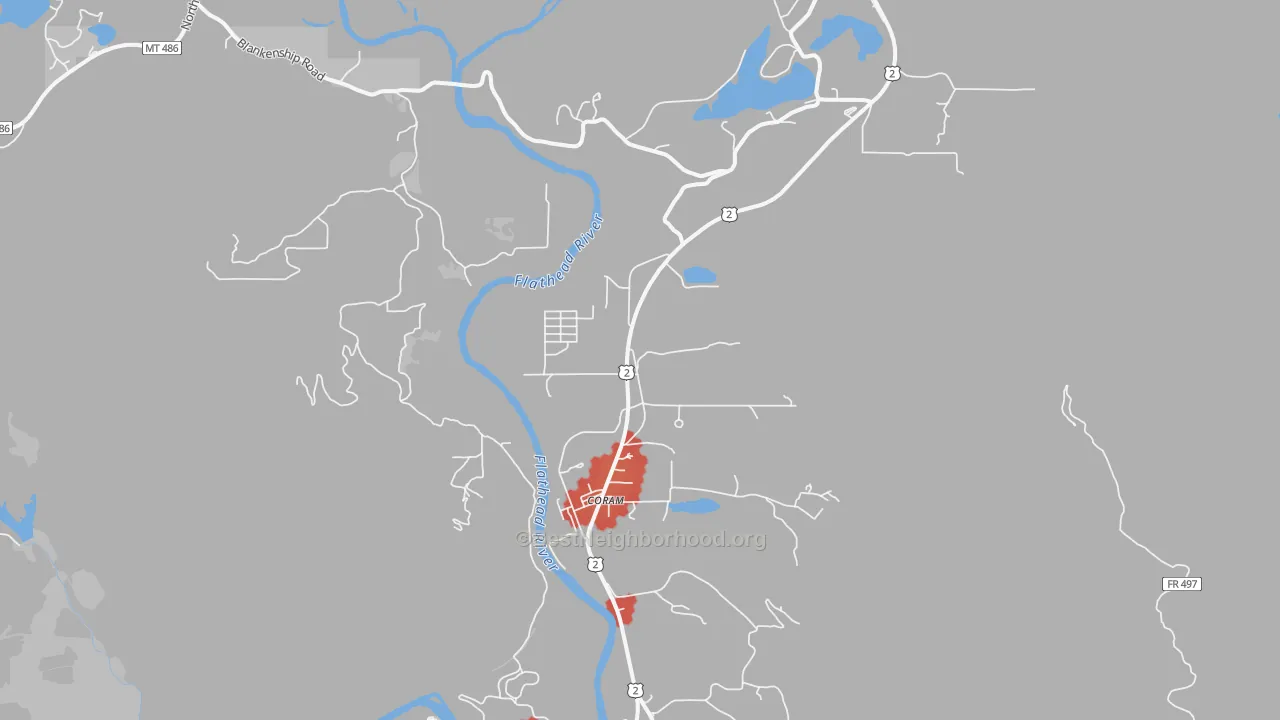 Walk Grade map of Coram, MT, walkable areas in green and car-dependent areas in red